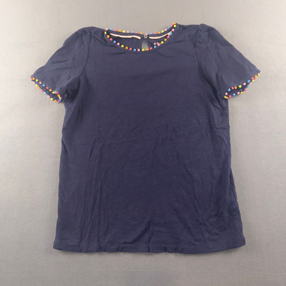 Boden Navy Blue Pom Pom Trim Slub Cotton T-Shirt Womens US 2 T1539